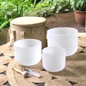 Set of 3 White Crystal Singing Bowls in Beige Bag (D4, F4 & A4)